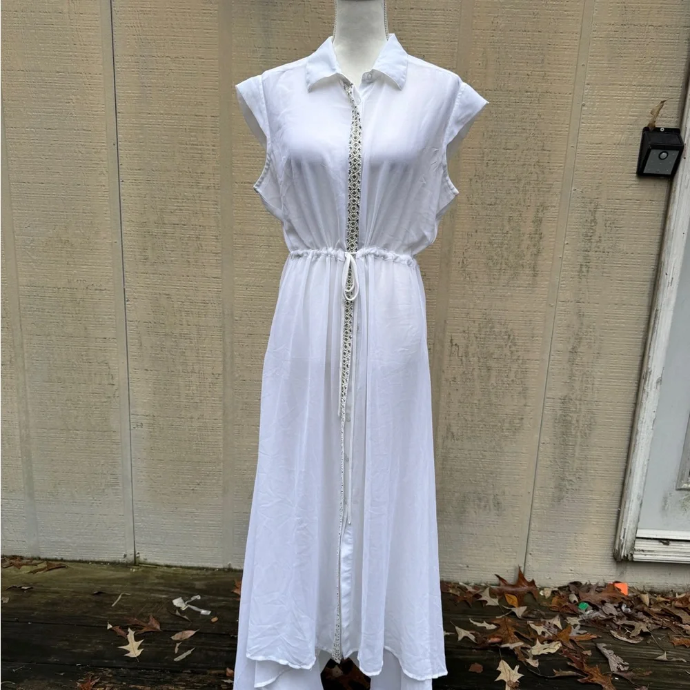 White Beaded Owl Design Short Sleeve Sheer Maxi Dress/Jacket - Picture 9 of 10